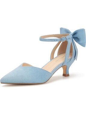 Women's Light Blue Leather Kitten Heels with Bow Closed Toe Ankle Strap Pump